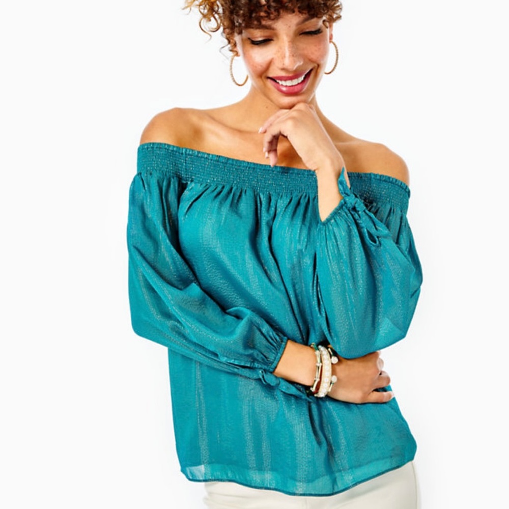 New Lilly Pulitzer Maryellen Top - Valencia Teal w/fine gold metallic stripe - L